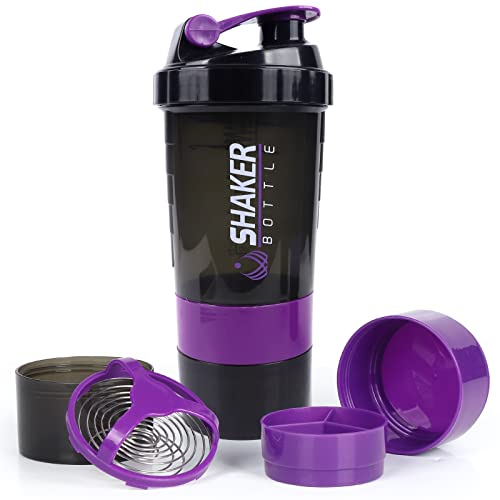XSUPER Protein Shaker with 3-Compartment Storage - 16oz Twist-Off Cup for Supplements & Pills, Leak Proof Gym Sports Shaker Bottle,Purple