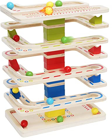 Kugelbahn Murmelbahn Holz Spielzeug Marble Run Spielzeug Rollbahn Set mit 16 Bällen,Kugelturm Motorikspielzeug für Kinder ab 1 2 3 4 Jahre