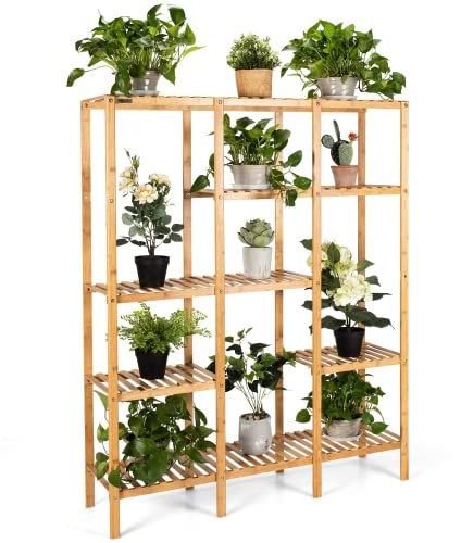Bambus-Pflanzenständer, freistehender 5-stöckiger 12 Topfblumen-Präsentationsständer, Indoor-Outdoor-Bonsai-Kräuter-Pflanzentopfhalter, Aufbewahrung, Organizer für Zuhause, Büro, Terrasse, Balkon, Gar