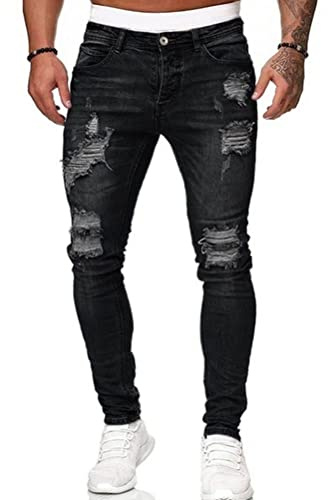 seiveini Jeans Homme Pantalons en Denim à Trou Droit Jeans Trou Cassé Pantalons avec Fermeture Éclair Jean Homme Jeans Skinny Casual Hip Hop Jeans pour Homme Denim Vintage