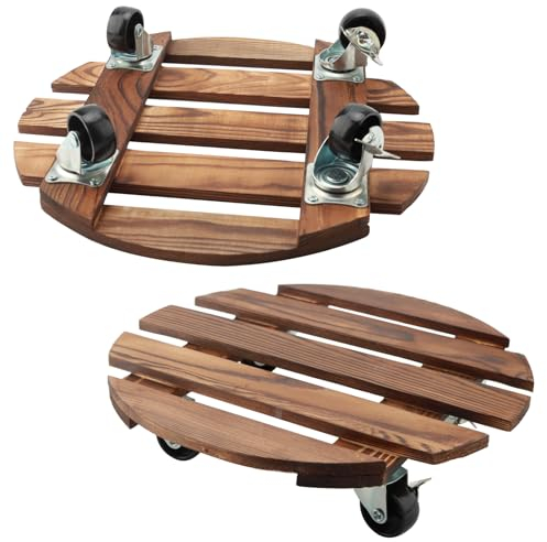 DAKFOOK Lot de 2 paniers à Plantes en Bois avec roulettes, Rouleau Rond de 30 cm avec roulettes verrouillables Chariot pour Plantes pour Plantes d'intérieur et d'extérieur
