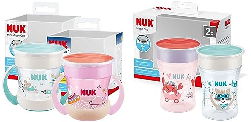 NUK Mini Magic Cup Trinklernbecher mit Leuchteffekt | 6+ Monate | 160 ml & Magic Cup Trinklernbecher | 8+ Monate | 230 ml | auslaufsicherer 360°-Trinkrand | BPA-frei | rot | 2 Stück