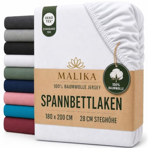 MALIKA® Spannbettlaken 180x200cm - 200x200 cm Baumwolle Bettlaken Jersey Betttuch Spannbetttuch Laken - Matratzenhöhe bis 28 cm