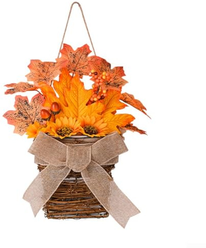 Autumn Leaf Wreath Basket, Autumn Door Hanging Decoration, Autumn Leaves Garland Autumn Basket for Living Room, Front Door, Hotel