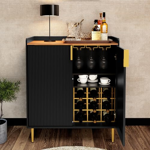 ARTPOWER Sideboard Buffet Cabinet with Fluted Texture, Modern Coffee Bar Cabinet with Wine Rack&Drawers, Black Liquor Cabinet for Kitchen Dining Room, Living Room