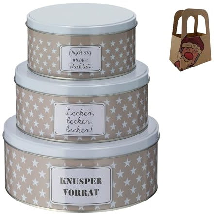 Geschenkset Keksdose Plätzchendose Metalldose 3er Set Sterne braun-weiß Weihnachten mit süßer Rentier Mini-Geschenktasche