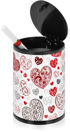 Aschenbecher mit Herzen mit Locken, rot, braun, rauchfrei, für Zigaretten, Outdoor, mit Deckel, Edelstahl, tragbares Autozubehör, Mini-Mülleimer für Strand, Fahrzeug, Angeln