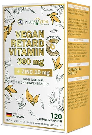 PharmaVital Vegan Retard Vitamin C + Zinc - 120 Kapseln - Mit Depot-Effekt für lange Versorgung - Produziert & laborgeprüft in Deutschland