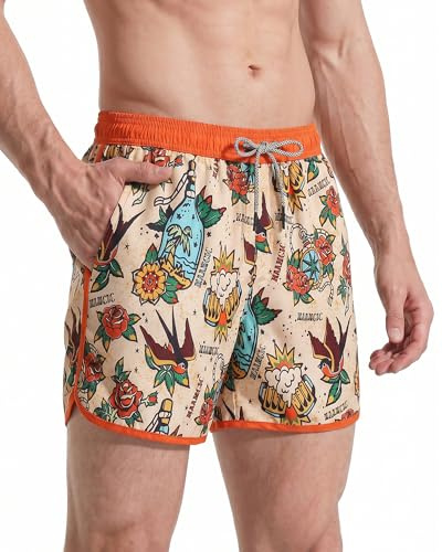 maamgic Bañador Hombre de Natación Secado Rápido Interior de Malla Pantalones Cortos d'Aire Vintage 80s 90s,Vintage Naranja Clavel Golondrina,L