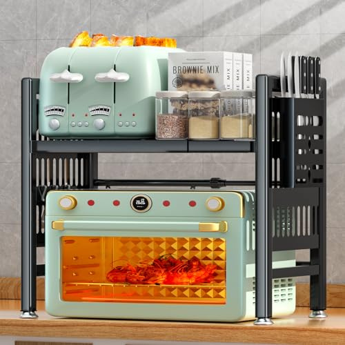 NLMWTI Verstellbares Mikrowellenregal mit Messerhalter 6 Haken, 2-Stufig Erweiterbares Küchen Mikrowelle Ständer Regal, Mikrowellenhalter aus Kohlenstoffstahl Flexibel Ausziehbar von 40-65cm