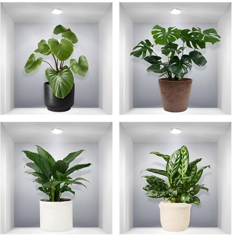 4pcs Plant Wall Stickers Living Room Wall Stickers 3D Wall Sticker Vases Vinyl Removable Wall Sticker Decals DIY for Bedroom Kitchen Bathroom Wall Decor (C)