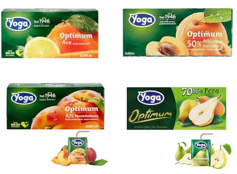 Succhi di Frutta Yoga Assortiti - Ace, Albicocca, Pera, Pesca, 200ml, Confezione da 3 Brick