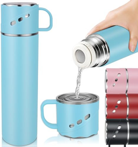 Flask for Hot Drink, 550ml Stainless Steel Hot Water Bottle with Cover, Leakproof Vaccum Six Wall Travel Mug with Handle, BPA Free Thermal Flask Cup for Coffee Tea Food Soup, Travel Gyms Sports, Blue