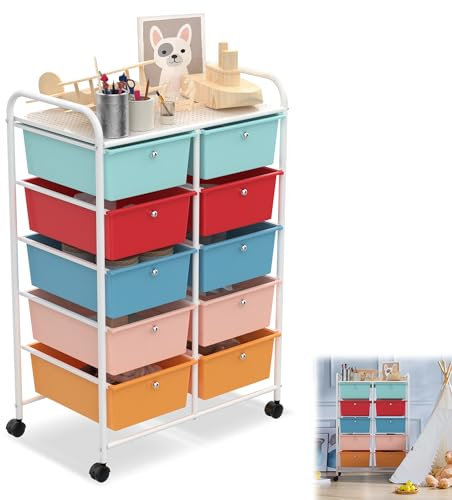 YRHome Rollwagen Badrollwagen mit 10 stapelbaren Schubladen Rollcontainer Küchenwagen Schubladenwagen Rollcontainer mit Bremsen Rollen Aufbewahrungswagen für Küche Bad Büro 96 x 39,5 x 66 cm -Typ A