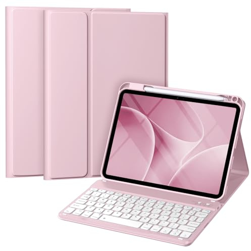 Vobafe Hülle mit Tastatur für iPad A16 11/10 Generation 2025/2022 | 10,9/11 Zoll, Magnetisch Abnehmbare Bluetooth Tastatur mit Aktualisierte Tastenkappe, mit Stifthalter, Rosa