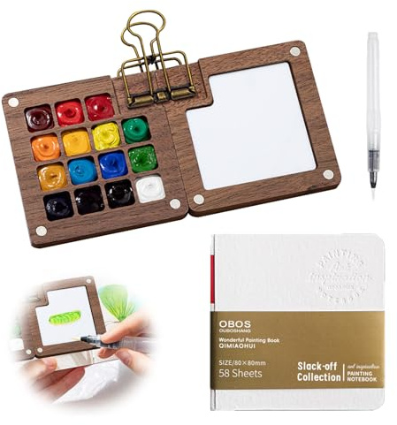Mini Aquarell Set, 15 Grids Holz Mini Palette Aquarellkasten Leer Malpalette Binder-Clips Pinsel Skizzenbuch für Maler, Künstler, Studenten