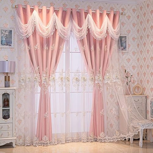 Vorhänge, bestickt, doppellagig, mit gewelltem Querbehang, für Wohnzimmer, Schlafzimmer, 168 x 213 cm, Rosa