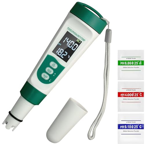 Testeur de pH 5 en 1, fonctions : pH, TDS, EC, sel, température, étanchéité IP65, haute précision avec 3 poudres d'étalonnage, pour piscine d'eau salée, jacuzzi, spa, aquarium, système hydroponique