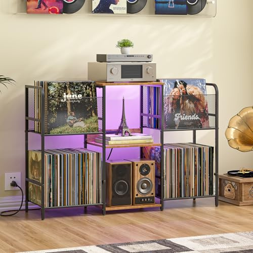 3IngSeagulls Record Player Stand with Power Outlets and LED Light, Turntable Stand Storage Up to 350+ Albums, Record Player Stand with Vinyl Storage, Tuntable Stand with Record Holder for Living Room