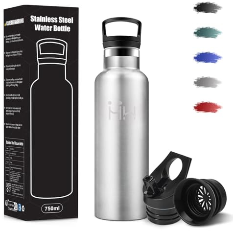 Botella Agua Acero Inoxidable, 500 ml Libre de BPA, Botella Termica, 18/8 Acero Inoxidable, Botella Agua Niños, Con Pajita y 2 Tapas, Botellas Isotermica para Escuela, Montañismo - Acero inoxidable