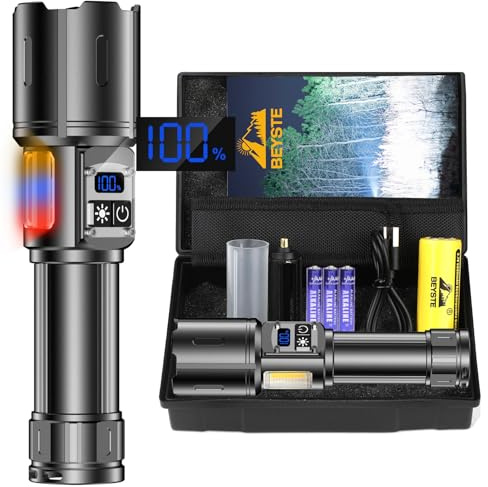 BEYSTE Torches LED Super Bright Rechargeable, 500000 Lumen Torches Battery Powered, Tactical Torch Flashlight 9 Modes with COB Sidelight, Powerful Torch Flash Light for Camping Dog Walking Emergency
