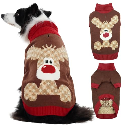 Hjumarayan Hundepullover Weihnachten, Pullover Rentier mit Geschirr Öffnung Warme Rollkragen Hundepulli für Border Collie, Kleine Hündin Golden Retriever, Australian Shepherd, Braun XXL