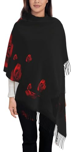 YUBVCF Écharpe à franges pour femme avec imprimé rose rouge et fond noir 197,1 x 71,9 cm