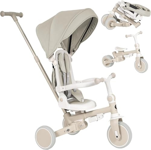 Olmitos - Triciclo evolutivo per bambini 5 in 1 EVOL - Bicicletta per bambini da 1 a 5 anni - Da Triciclo a Bicicletta con o senza pedali - Schienale, Barra di sicurezza e Capottina (Beige)