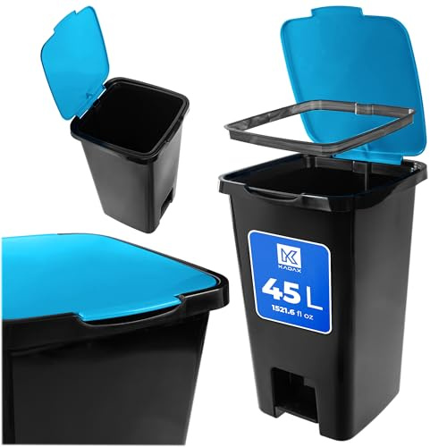 KADAX Poubelle à pédale, 45 l, avec pédale et couvercle, grande, pour le tri des déchets, en plastique, avec pédale (bleu)