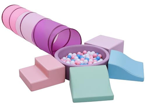 Hoohtoot Foam Climbing Toy for Toddler：with 4-Piece PU Leather Climbing Blocks, a Baby Ball Pit and Play Tunnel - Climb and Crawl Soft Play Set - Kids Crawling Obstacle Course Indoor Jungle Gym