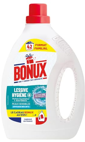 Bonux – Lessive Liquide Hygiène – Anti-Odeurs – Technologie FreshplexTM- Nettoie en Profondeur – Pour Linge Blanc et Couleur – Adaptée Aux Peaux Sensibles – 42 Lavages 1,9L