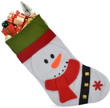 AKEDE 18 Classic Christmas Stocking, Big Size Christmas Stockings With A Stitched Cuff And 3 Jingle Bells Attached For Christmas Decoration, Party Decoration And Party Accessory Pack Of 1 (Snowman)