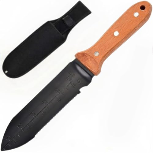 SUJWPBO Hori Hori Garden Knife, 7 Stainless Steel Blade Heavy Duty Gardening Tool, Full-Tang Wooden Handle with Hanging Hole & Oxford Sheath for Weeding Digging Planting Cutting