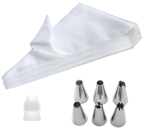 DYSWTUE 100 Pièces Poches à Douilles, 6 Douilles, 1 Adaptateur, Poches à Douille Transparentes pour Décoration de Gâteaux, Desserts, Biscuits, pour les Boulangers Professionnels et Débutants
