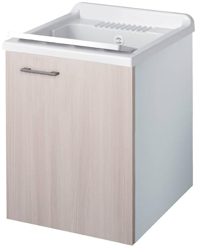 Negrari Cielo 6003SOSOL Lavatoio Sospeso Bianco e Olmo 50x50 H63,5 cm Mobile Montato Nobilitato Idrofugo Interno Anta Angoli Squadrati Battente Vasca Asse Lavaggio Polipropilene Sifone Kit Fissaggio