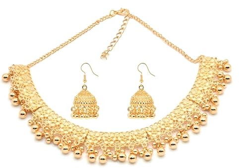 IMINI Bohemian Bridal Jewellery Set for Women, Gold-Tone Plated Choker & Jhumka Earrings, Indian Wedding Boho Ethnic Statement Piece, Traditional Bollywood Festival Tribal Holiday Prom Gift
