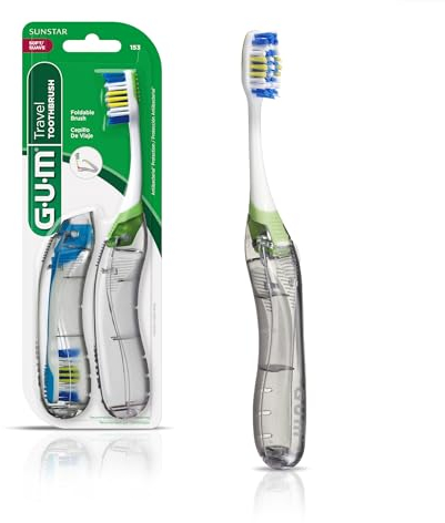 GUM Folding Travel Toothbrush, Compact Head + Tongue Cleaner, Soft Bristled Travel Toothbrushes for Adults, 2ct
