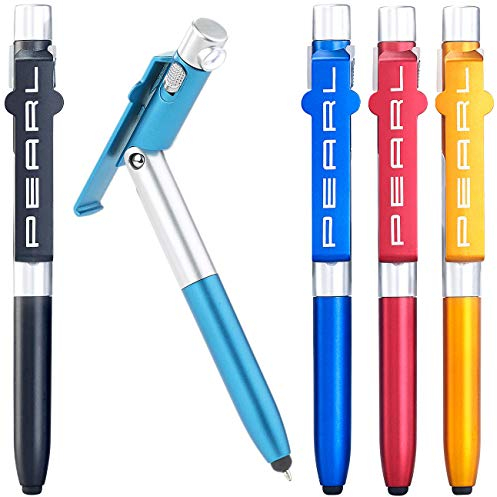 5 stylos à bille 4 en 1 avec stylet, support smartphone et lampe led [Pearl]