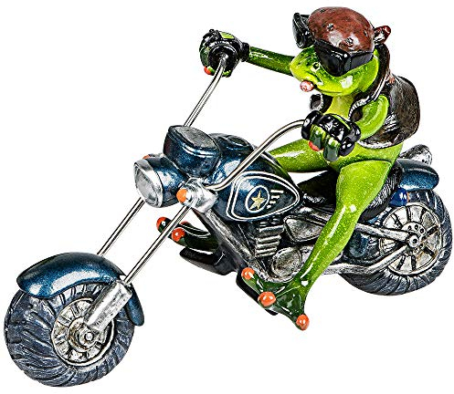 Formano Deko-Frosch 'Biker', Länge: 22 cm, aus Kunststein, Hellgrün-Grau, 1 Stück, von Hand Gefertigt und Bemalt