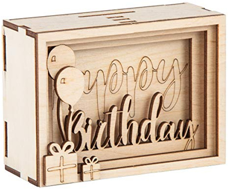 Rayher DIY Geldgeschenk Verpackung Birthday für Geburtstag, 3D Geschenkbox aus Holz zum Gestalten, 13-teilig, 11,5x8,5x5cm, Box 1Set, FSC Mix Credit, 62922505, Natur