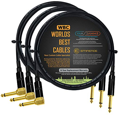 3 Units - 2 Meter - Van Damme Pro Grade Classic XKE - Premium Ultra-Flexible Multi-Shielded Guitar Instrument Effects Patch Cable w/Eminence Straight & Angled Gold 6.35mm TS Plugs & Staggered Boots