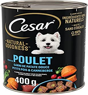 CESAR Natural Goodness – 6 Packungen à 400 g – Terrinendosen für ausgewachsene Hunde, reich an Huhn, gefüllt mit Süßkartoffeln, Erbsen & Preiselbeeren, Nassfutter für Hunde, ohne Getreide