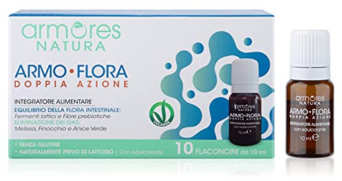 Armores Natura Integratori Alimentari, Armo-Flora, per l'Equilibrio della Flora Intestinale e la Riduzione del Gonfiore Addominale, con Probiotici, Melissa, Anice e Finocchio, Vegano, 10 Flaconcini