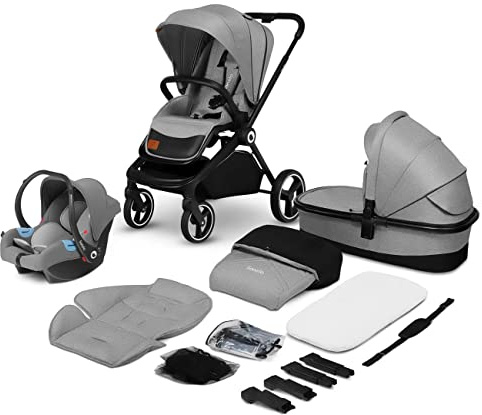 LIONELO Mika 3in1 Set Kinderwagen, Babywanne, Babyschale. Im Set Moskitonetz, Fußabdeckung, Regenschutz. Wartungsfreie Gummiräder. Leichte Konstruktion (GREY STONE)