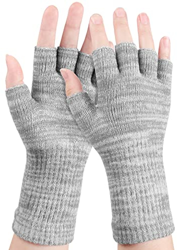 Geyoga Halbfinger Handschuhe Winter Fingerlose Handschuhe Schreiben Strickhandschuhe für Männer Frauen (Weiß, Grau)