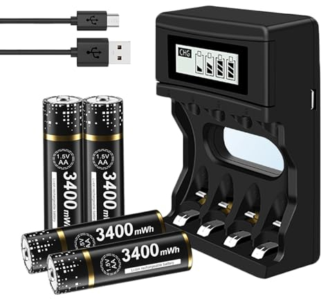 Akku Batterien AA Mit Ladegerat - 4 Stück 3400mWh 1.5V/Lithium AA Akkus Aufladbare mit LCD Anzeige Schnellladegeräte AkkuLadegerät 4 Slot für Li-ion Mignon AA, Micro AAA Akkus Batterien