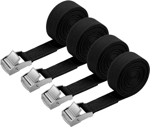 URAQT 4 Pcs Cinghie di Tensione, 4m x 2 cm Cinghie di Tensionamento, Carico Cinghie di Tensione con Fibbia, Adatto per Moto, Auto, Portabiciclette, Trazione: 500kg / Pezzo (Nero)