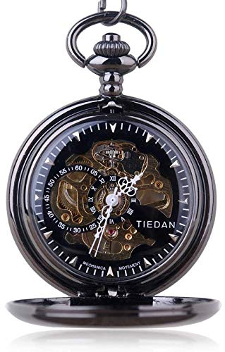 Taschenuhr Vintage Automatische Mechanische Taschenuhr Männer Hohl Exquisite Kette Glatte Anhänger Uhren Herren Retro Schwarz Uhr (Schwarz), Schwarz
