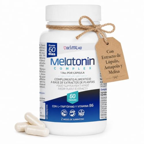 Onyxlab Melatonina 1,9mg Complex con L-Triptófano, Vitamina B6 - Pastillas para Dormir Bien - Suplemento Alimenticio - Extracto de Lúpulo, Amapola y Melissa - 60 Cápsulas - Fabricado España