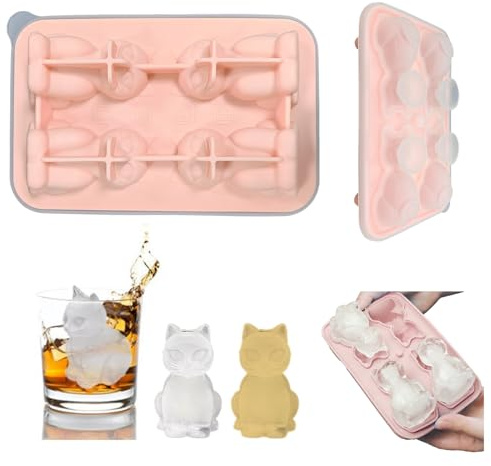 Eiswürfelform Silikon Katzen Eiswürfelform 4 Fächern Eiswürfel Form Katzenform Eisform Eiswürfelbehälter 3D Katzen Silikonform Tier Eiswürfelform mit Deckel Tiere Silikonform für Eiswürfel Schokolade